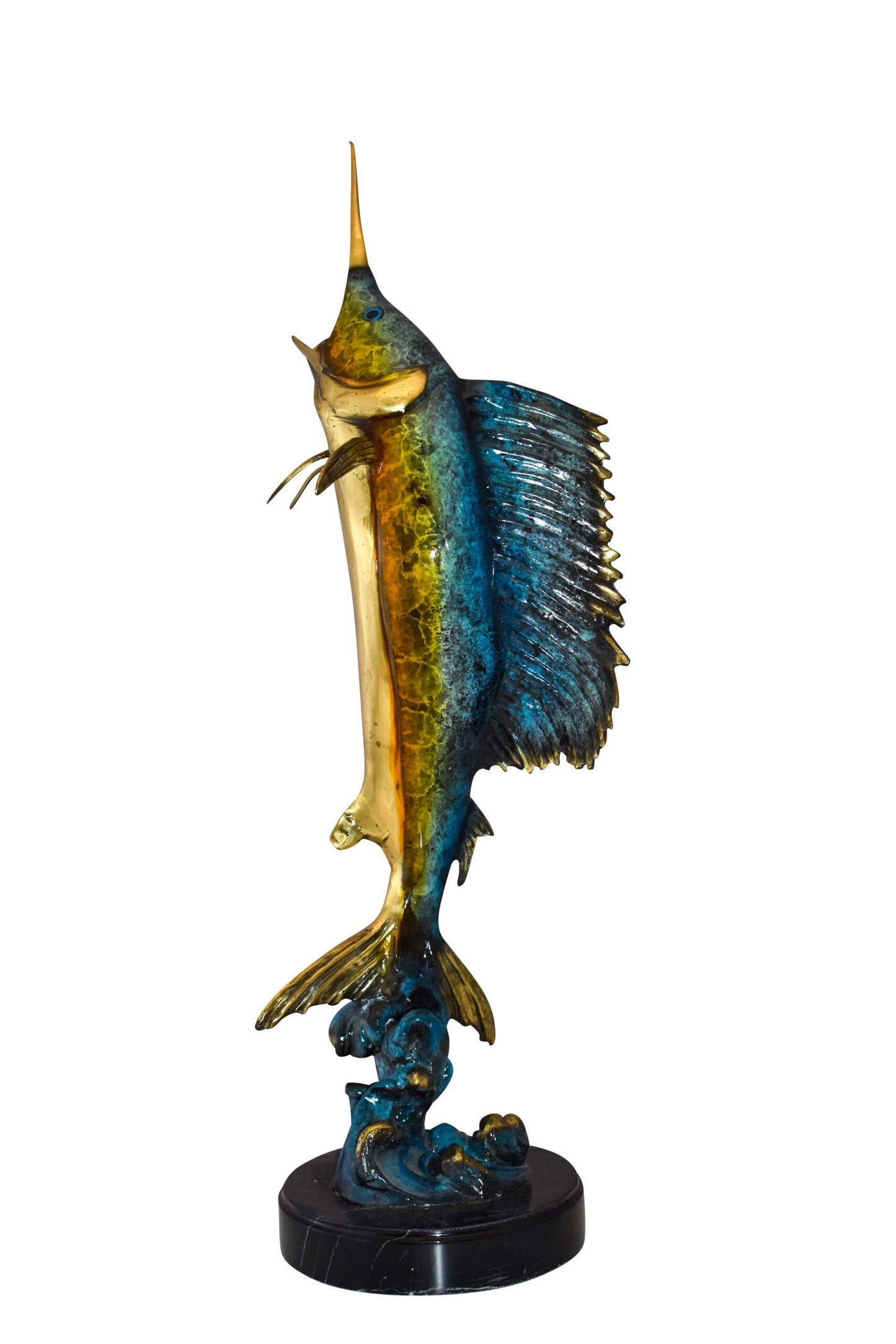 Upright Fierce Marlin Jumping Off the Water Bronze Statue  Size: 12" x 8" x 30"H