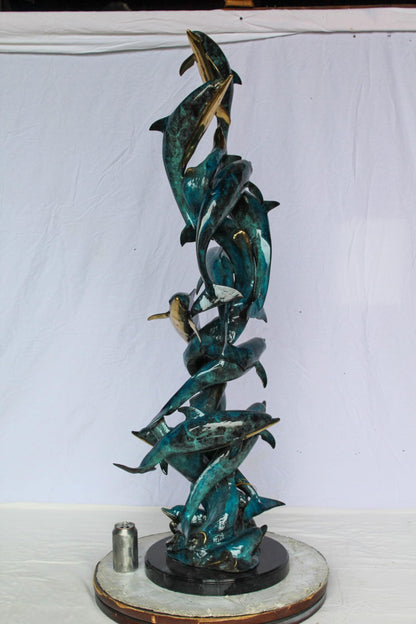 Nifao Dolphin Spiral Wave Bronze Statue – Majestic Coastal Sculpture with Handcrafted Detail for Home, Garden, or Patio Decor – 15" L x 17" W x 55" H