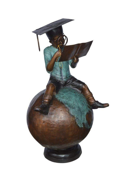 Student learning on top of world bronze statue -  Size: 28"L x 24"W x 52"H.