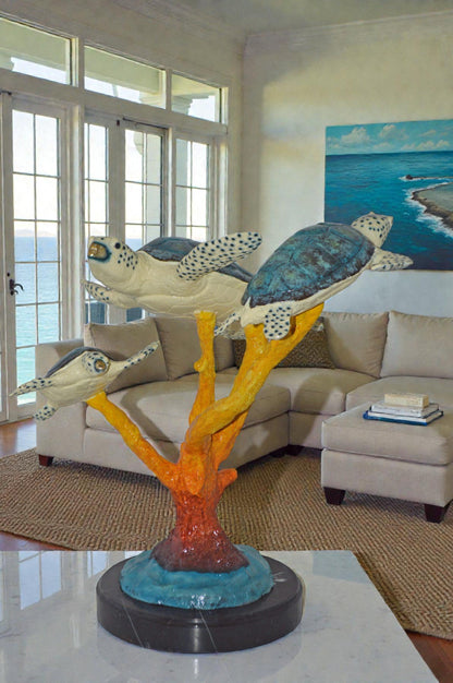 Three Turtles swimming around Corals Bronze Statue - Size: 17"L x 15"W x 19"H.