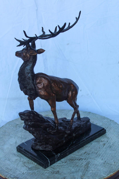 Bronze Statue of Deer Walking on Rocks, Elegant Wildlife Decor 15" x 7" x 21"H