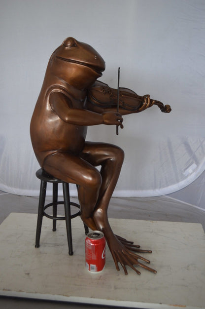 Nifao Human-Size Bronze Frog Playing Violin Statue – Whimsical Animal Musician Sculpture on Chair, Indoor/Outdoor Decor - 29" L x 18" W x 29" H