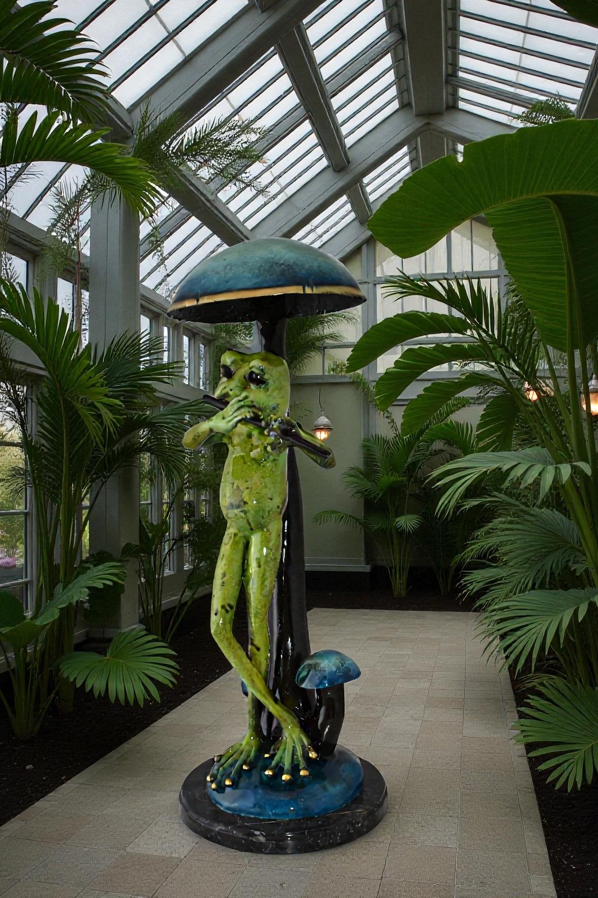 Musical Green Frog Playing the Flute Bronze Statue Size: 14" x 12" x 27"H