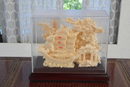 Carved Resin Chinese Sailing Junk Ship Diorama in Case 8"x4"x7"H