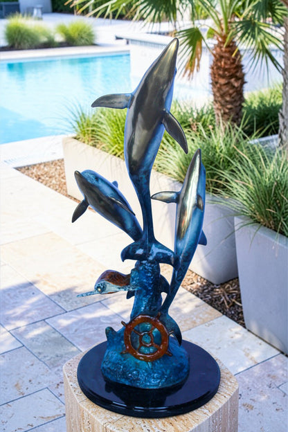 Three Dolphins Jumping, Sea Turtle, Colored Bronze Statue 11" x 11" x 24"H