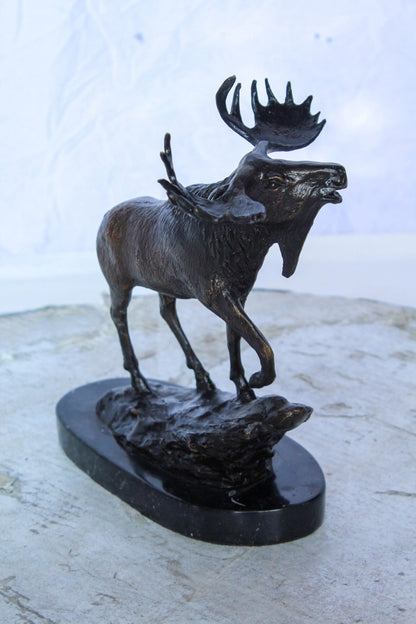 Bronze Moose Statue on Marble Base with Antlers Raised 10" x 6" x 9"H