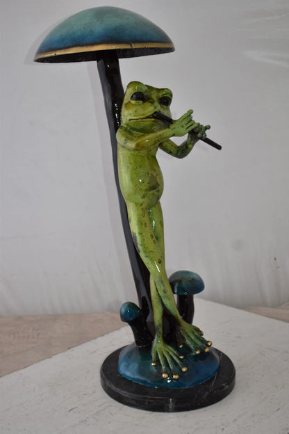 Musical Green Frog Playing the Flute Bronze Statue Size: 14" x 12" x 27"H