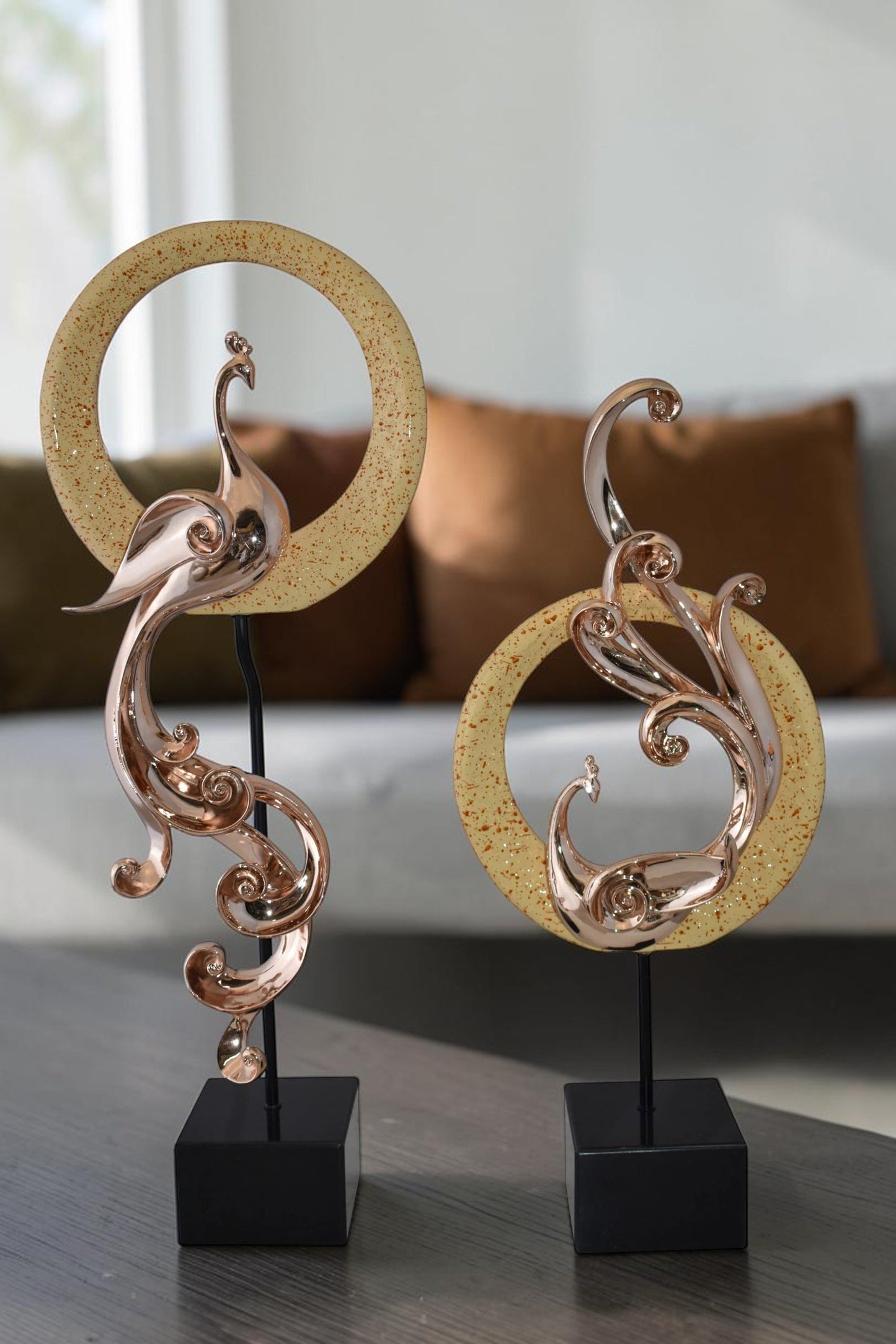 Set of Graceful Rose Gold Finished Peacocks Resin Statue Size: 11" x 6" x 28"H