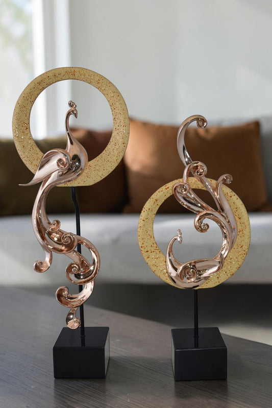 Set of Graceful Rose Gold Finished Peacocks Resin Statue Size: 11" x 6" x 28"H