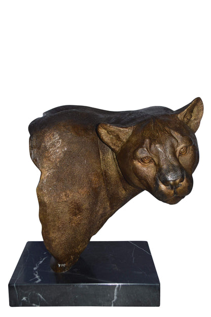 Mountain Lion Head bronze statue on a marble base - Size: 18"L x 15"W x 21"H.