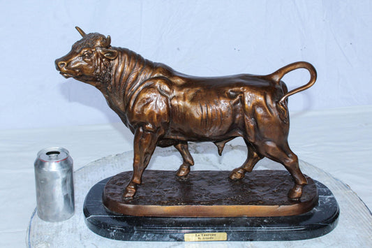 Bronze Bull Statue Le Taureau by Arnadia on Marble Base 19" x 8" x 13"H
