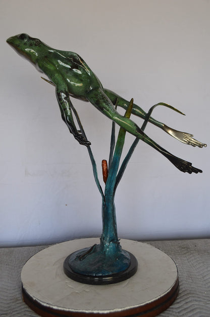 Large Frog Jumping Up Bronze Statue on a  Marble  -  Size: 30"L x 14"W x 34"H.