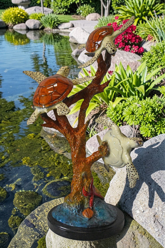 Nifao Three Turtles Bronze Statue on Marble Base – Lost Wax Ocean-Inspired Sculpture with Patina Finish - 32" L x 32" W x 41" H