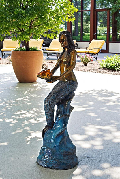 Mermaid Holding Two Fish Bronze Statue Color Finish - Size: 14" x 14" x 43"H.