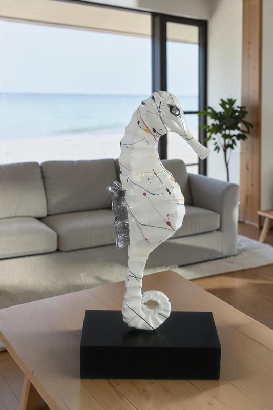 White Splatter Seahorse Sculpture Painted Aluminum Decor 6"x4"x16"H