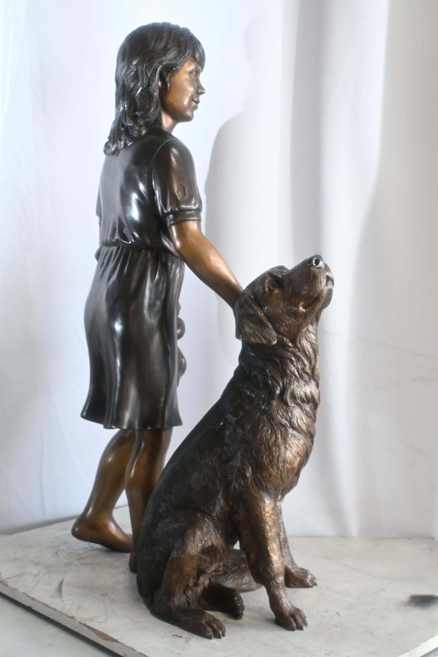 Bronze Girl with Dog Statue Standing Child and Pet Sculpture 23"x13"x39"H