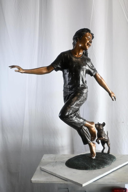 Joyful Barefoot Girl Running with Puppy Bronze Sculpture 49"x16"x51"H