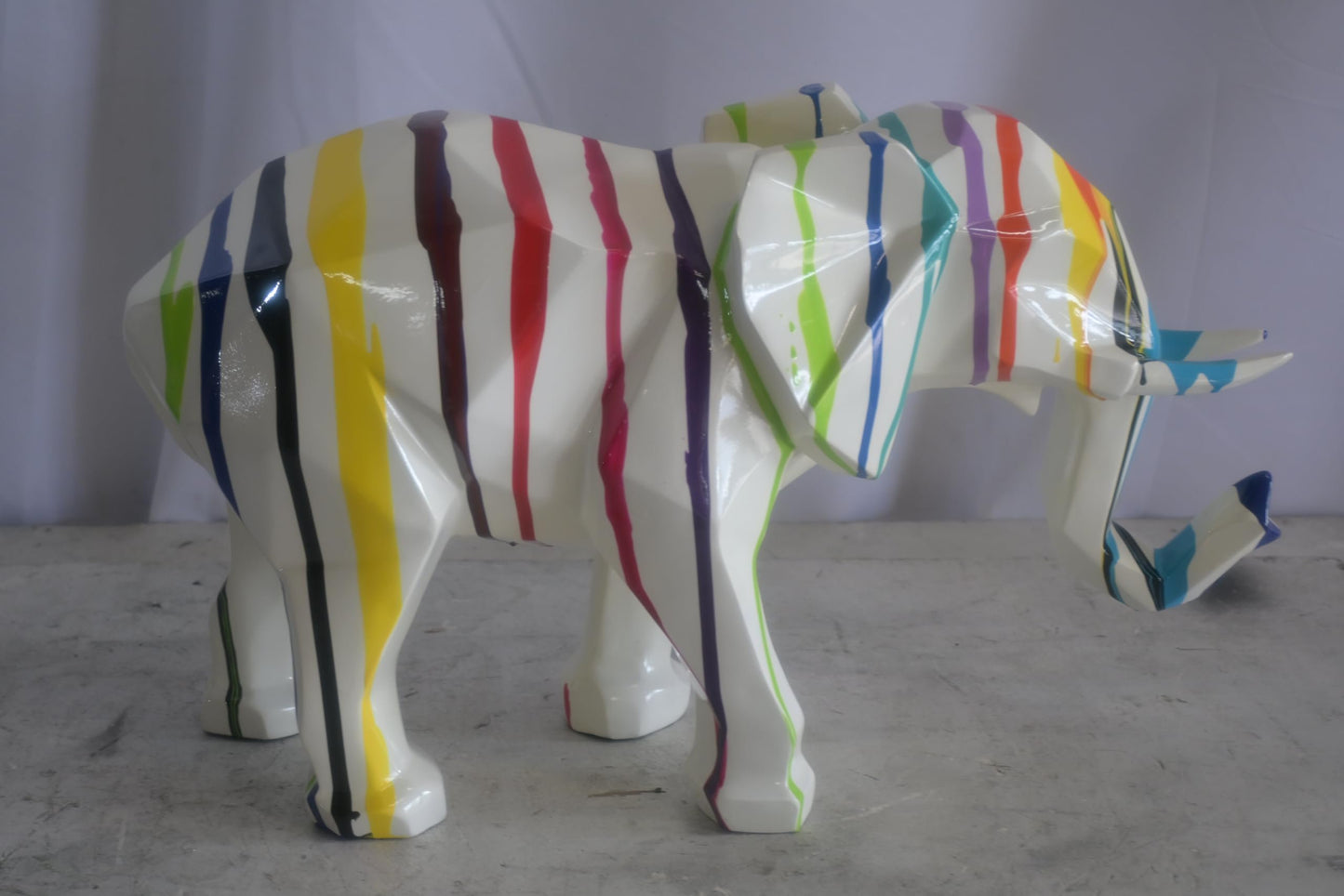 Geometric Resin Elephant Statue with Multicolor Drip Art 22"x8"x12"H