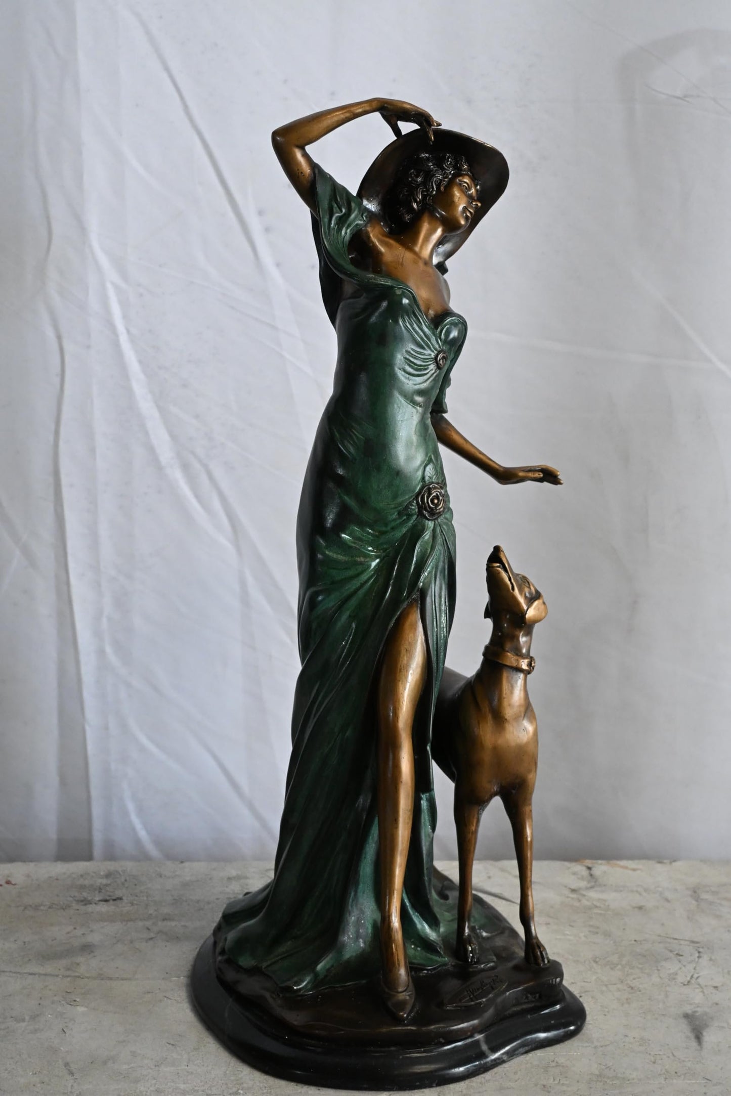 Art Deco Woman with Greyhound Bronze Statue Figurine 12"x10"x24"H
