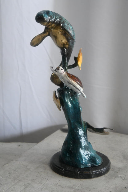 Manatee with Sea Turtle and Fish Bronze Sculpture 9"x9"x20"H