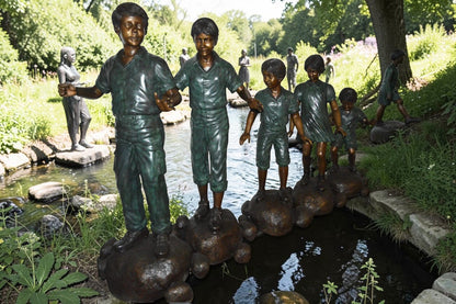 Five Kids Walking on Rocks Bronze Statues -  Size: "L x "W x "H.