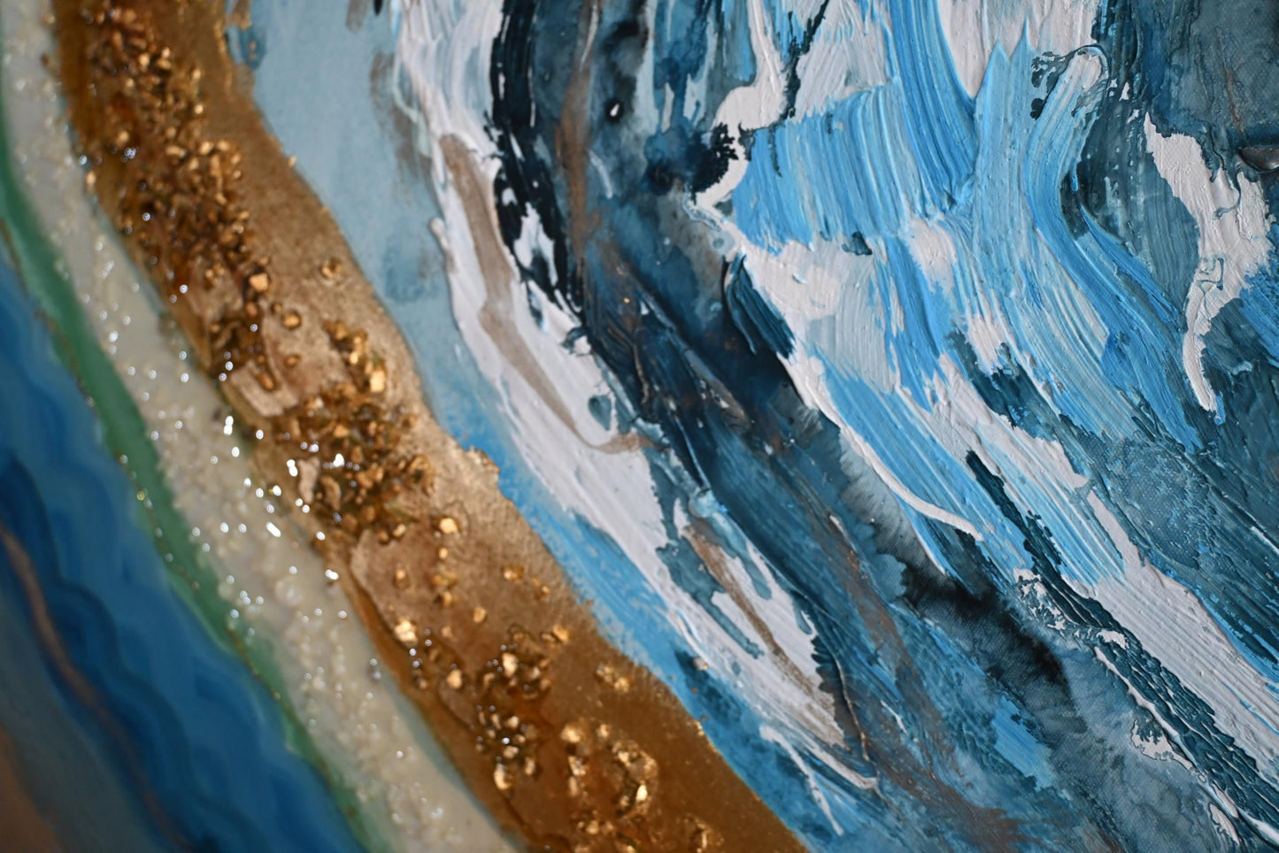 Silence Geode Abstract Canvas Painting Blue Gold Framed 61"x41"