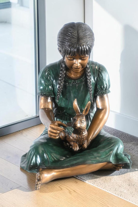 Bronze Braided Girl Feeding Rabbit Green Dress Sculpture 24"x20"x24"H