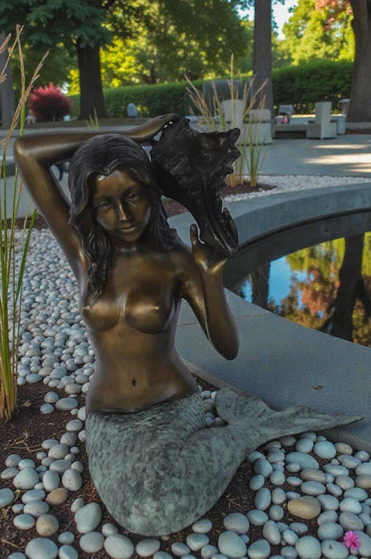 Mermaid with Conch  shell bronze statue -  Size: 16"L x 17"W x 21"H.
