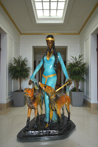 Lady with Her Two Dogs Bronze Statue -  Size: 18"L x 12"W x 23"H.
