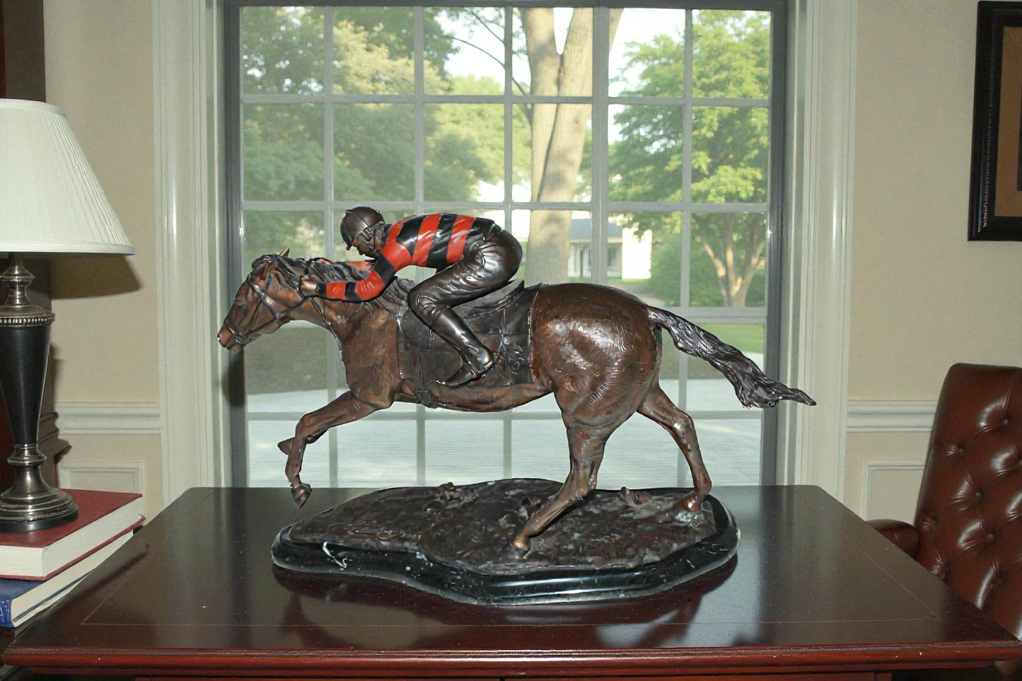 Jockey with Horse -large Bronze Statue -  Size: 21"L x 8"W x 14"H.