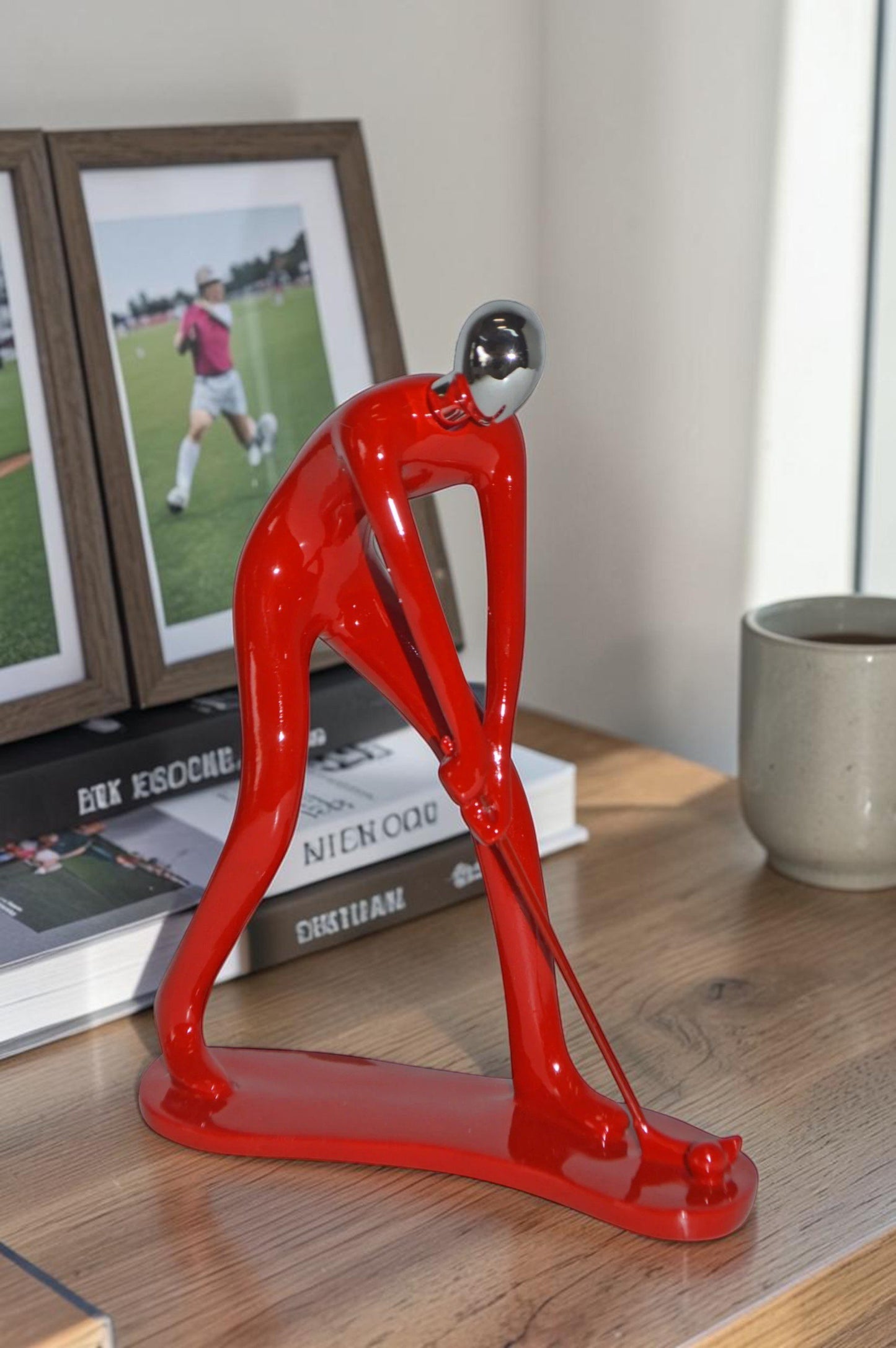 Modern art Red Golfer with Silver Head Resin Statue - Size: 7"L x 2"W x 9"H.