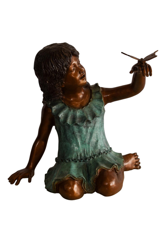 A Little Girl Playing with a Buterfly Bronze Statue 21" x 15" x 19"H