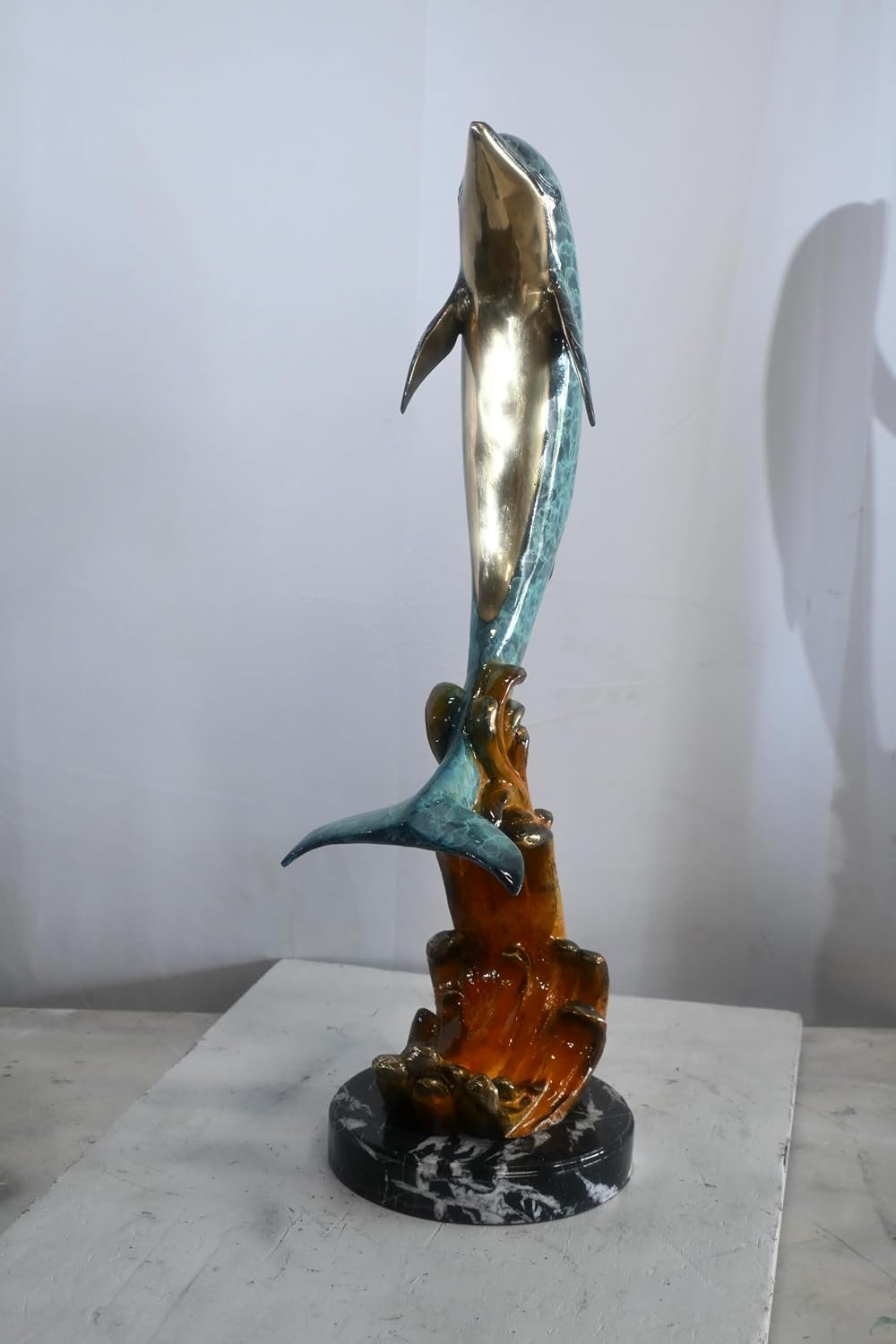 Bronze Leaping Dolphin Sculpture on Wave Base 25"x24"x40"H