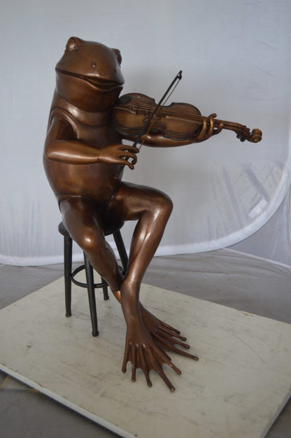 Nifao Human-Size Bronze Frog Playing Violin Statue – Whimsical Animal Musician Sculpture on Chair, Indoor/Outdoor Decor - 29" L x 18" W x 29" H