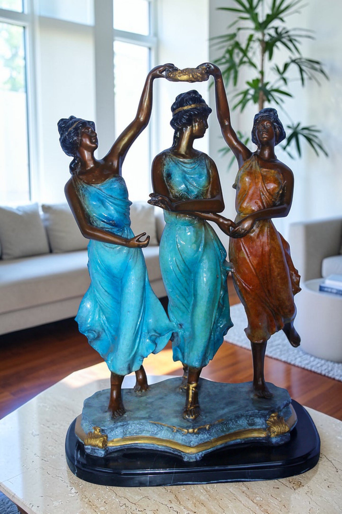 Three Dancing Ladies, Colorful Bronze Statue on a marble base 15" x 10" x 23"H