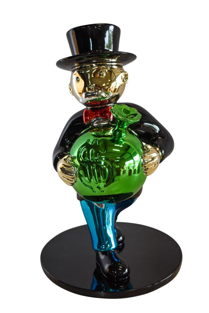 Walking Monopoly Man with Money Bag on Black Base Resin Statue 10" x 10" x 16"H