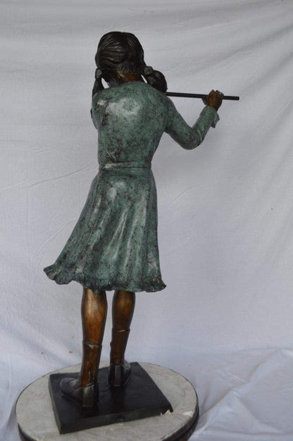 Girl playing flute large bronze statue -  Size: 30"L x 15"W x 50"H.