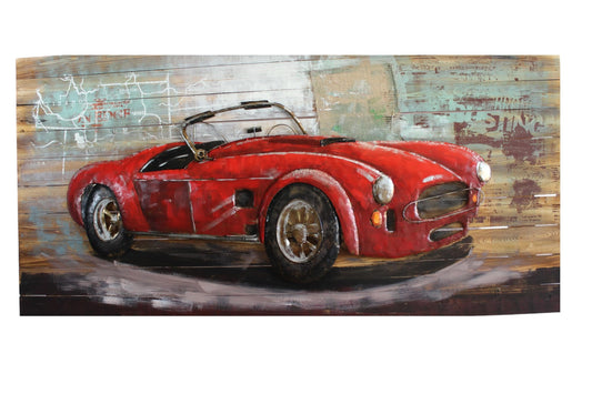 NIFAO Classic Roadster Inspired Red Car 3D Metal Art on Wood 79" x 2" x 40"H
