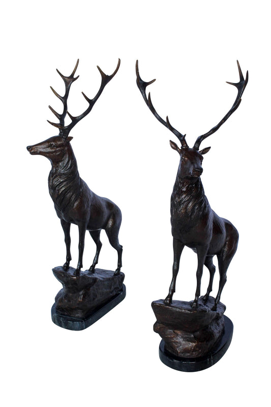 Pair of Bronze Deer Stag Statues Standing on Rock Base 14" x 10" x 28"H