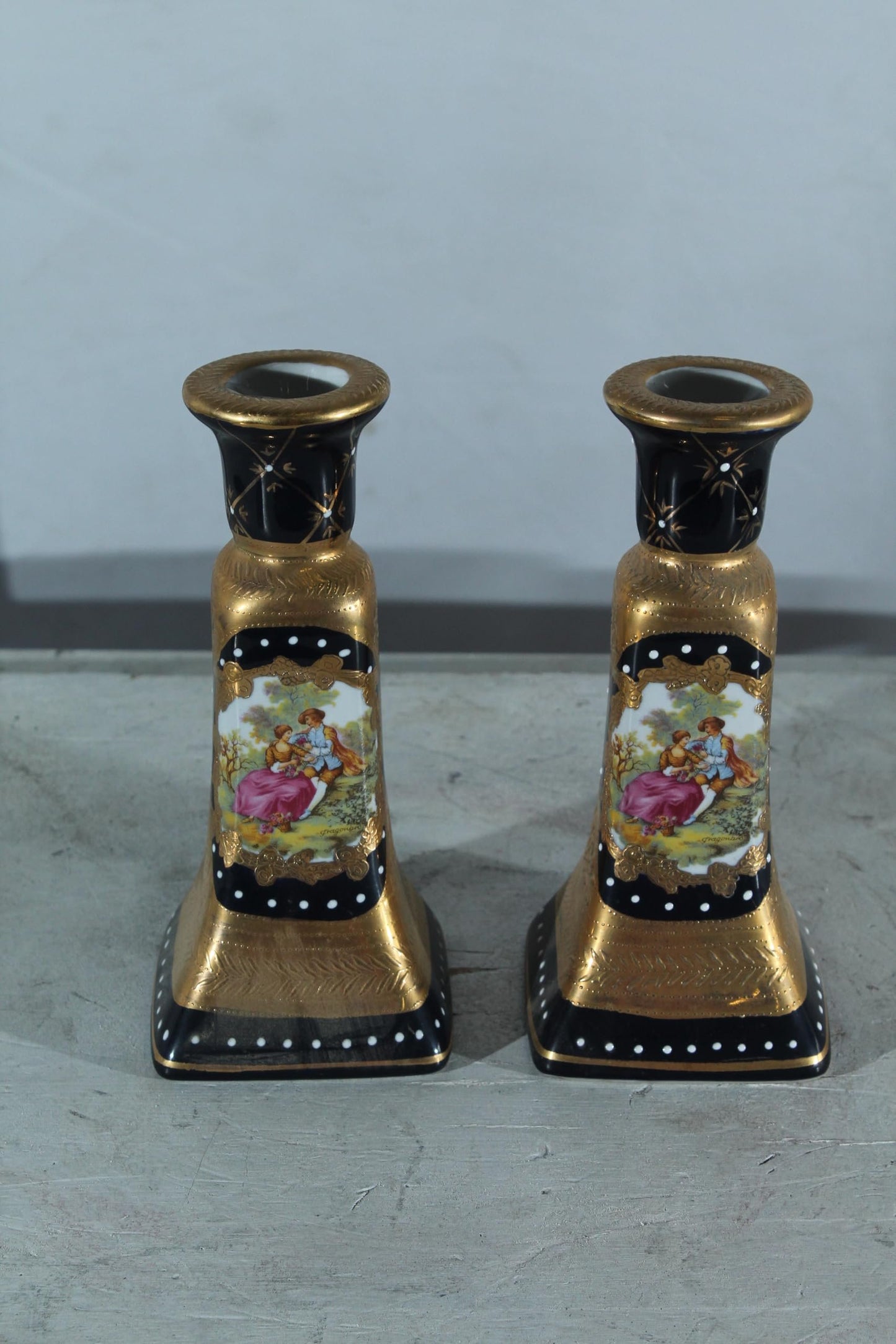 Porcelain Pair Candlestick Holders Black Gold Courting Scene 8"x4"x9"H