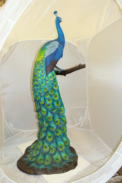 Peacock on Tree Bronze Statue -  Size: 31"L x 30"W x 64"H.