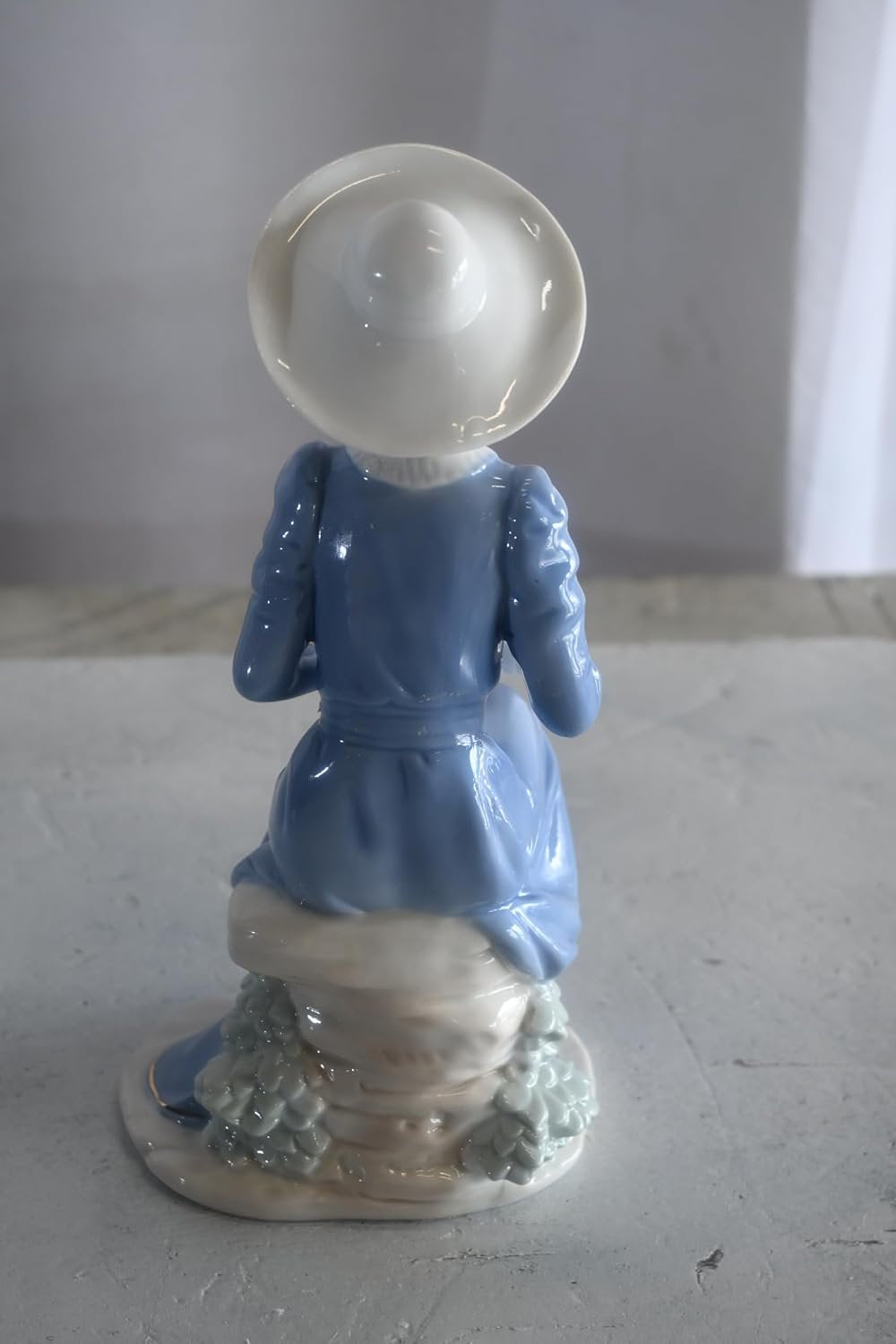 Porcelain Elegant Lady Blue Gown White Hat and White Cat 5"x4"x10"H
