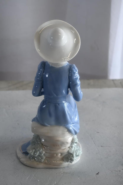 Porcelain Elegant Lady Blue Gown White Hat and White Cat 5"x4"x10"H