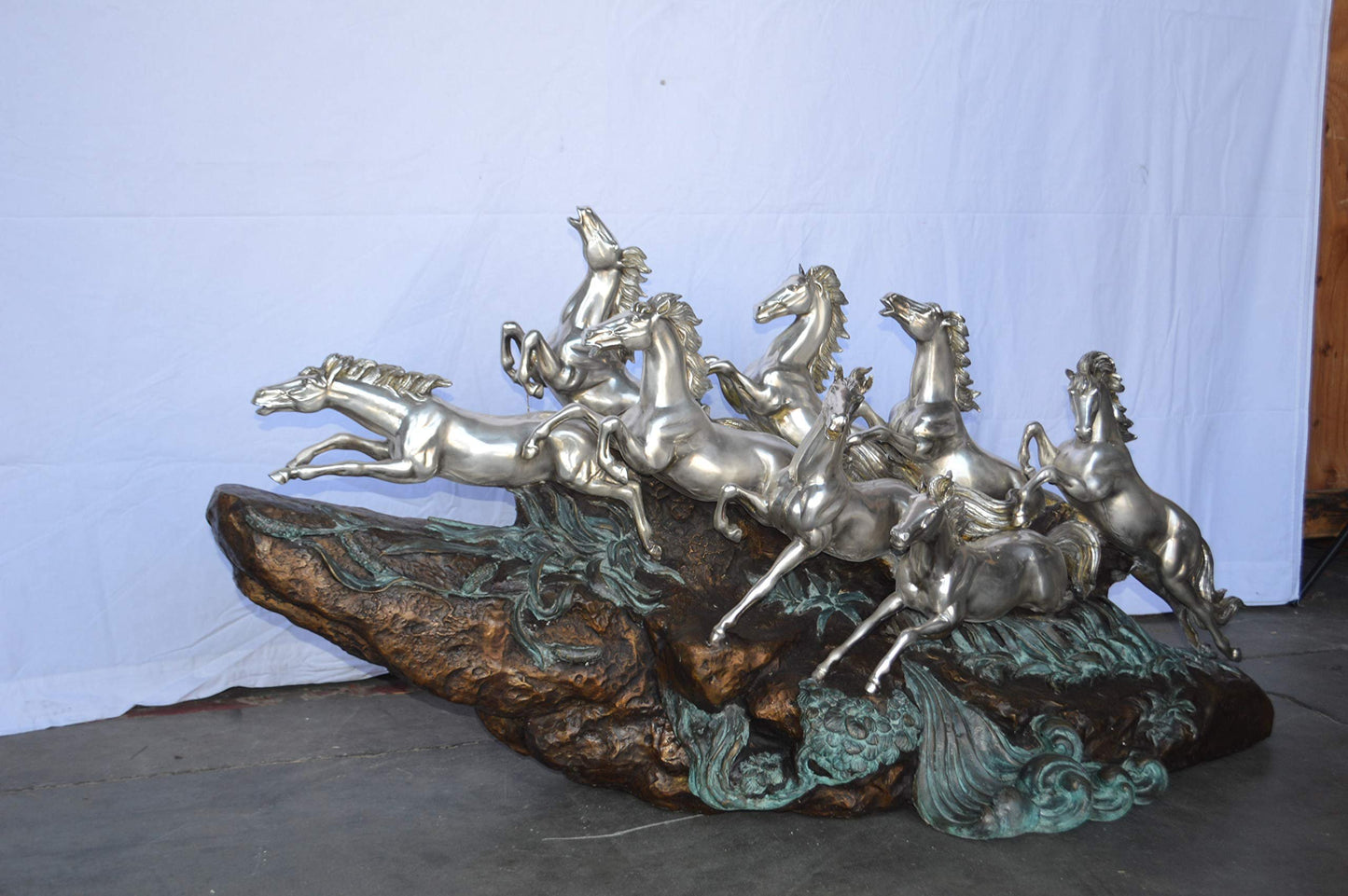 Eight Horses Running Bronze Statue Silver Finish -  Size: 59"L x 20"W x 28"H.
