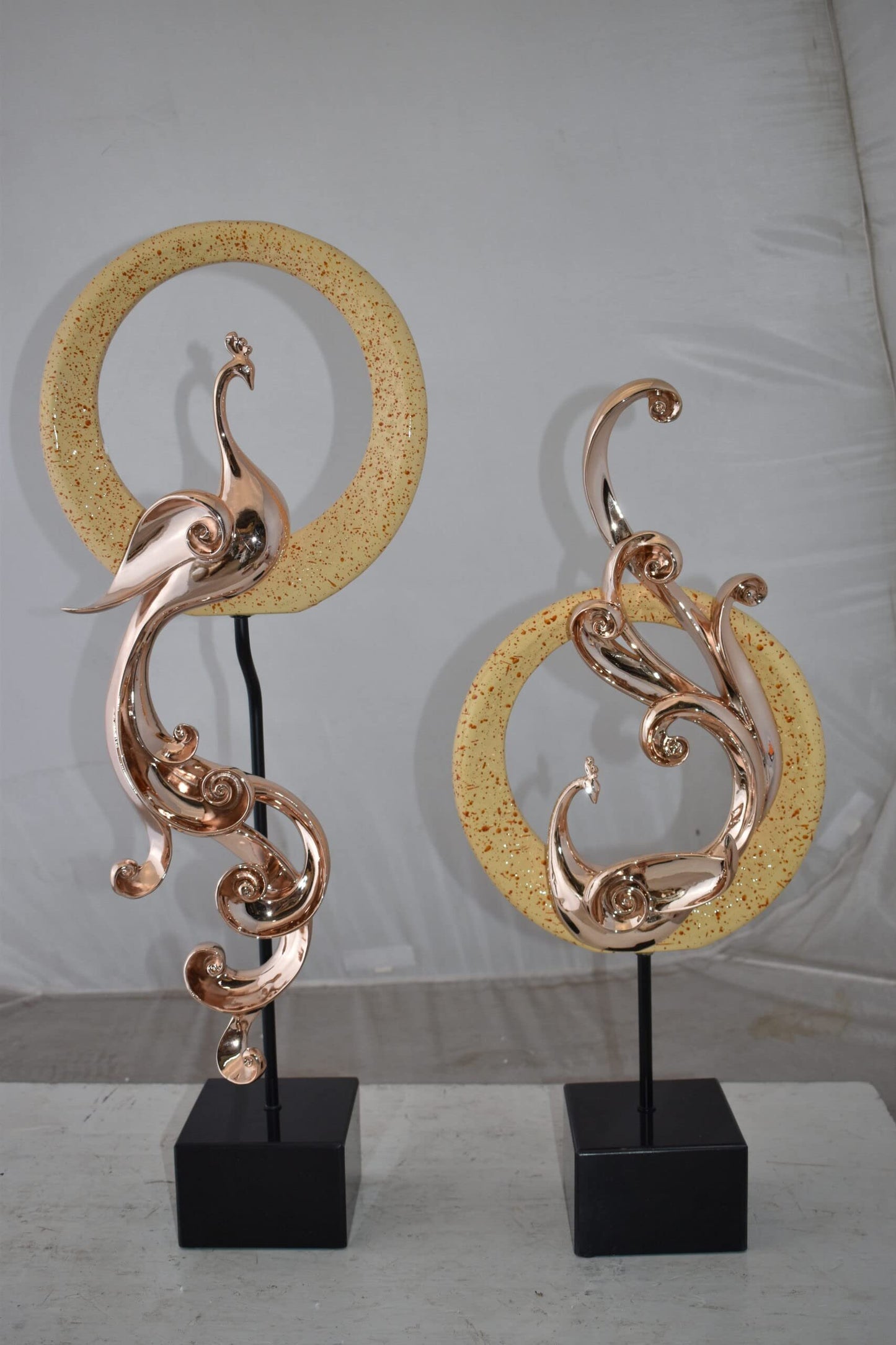 Set of Graceful Rose Gold Finished Peacocks Resin Statue Size: 11" x 6" x 28"H