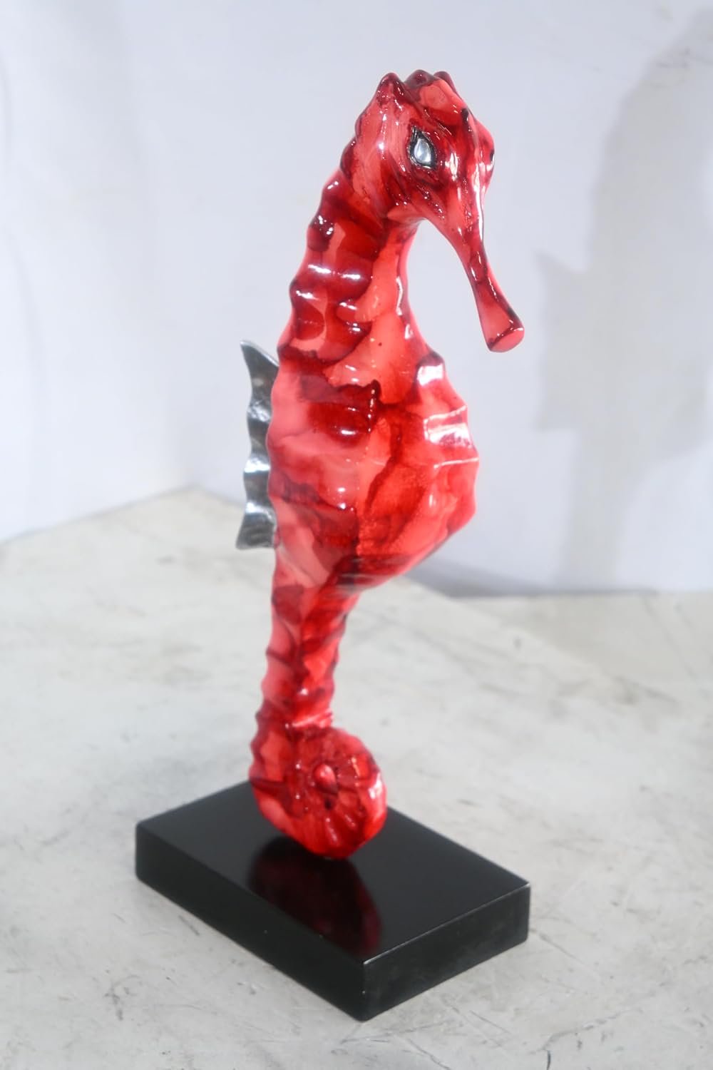 Red Seahorse Figurine on Base Painted Aluminum Sculpture 6"x4"x15"H