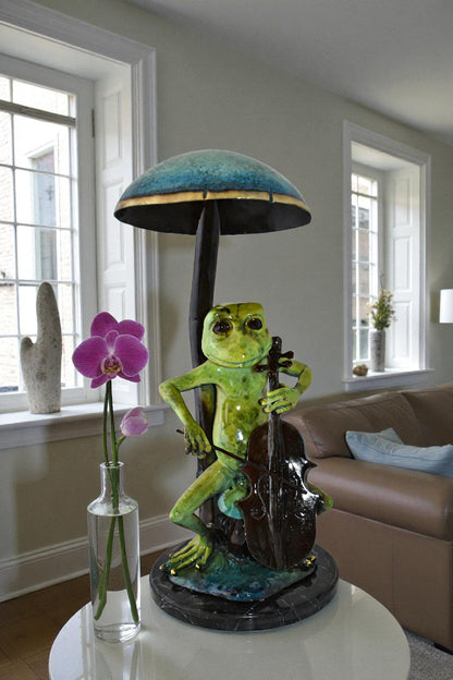 Frog Playing Cello colored Bronze Statue Size: 12" x 11" x 24"H