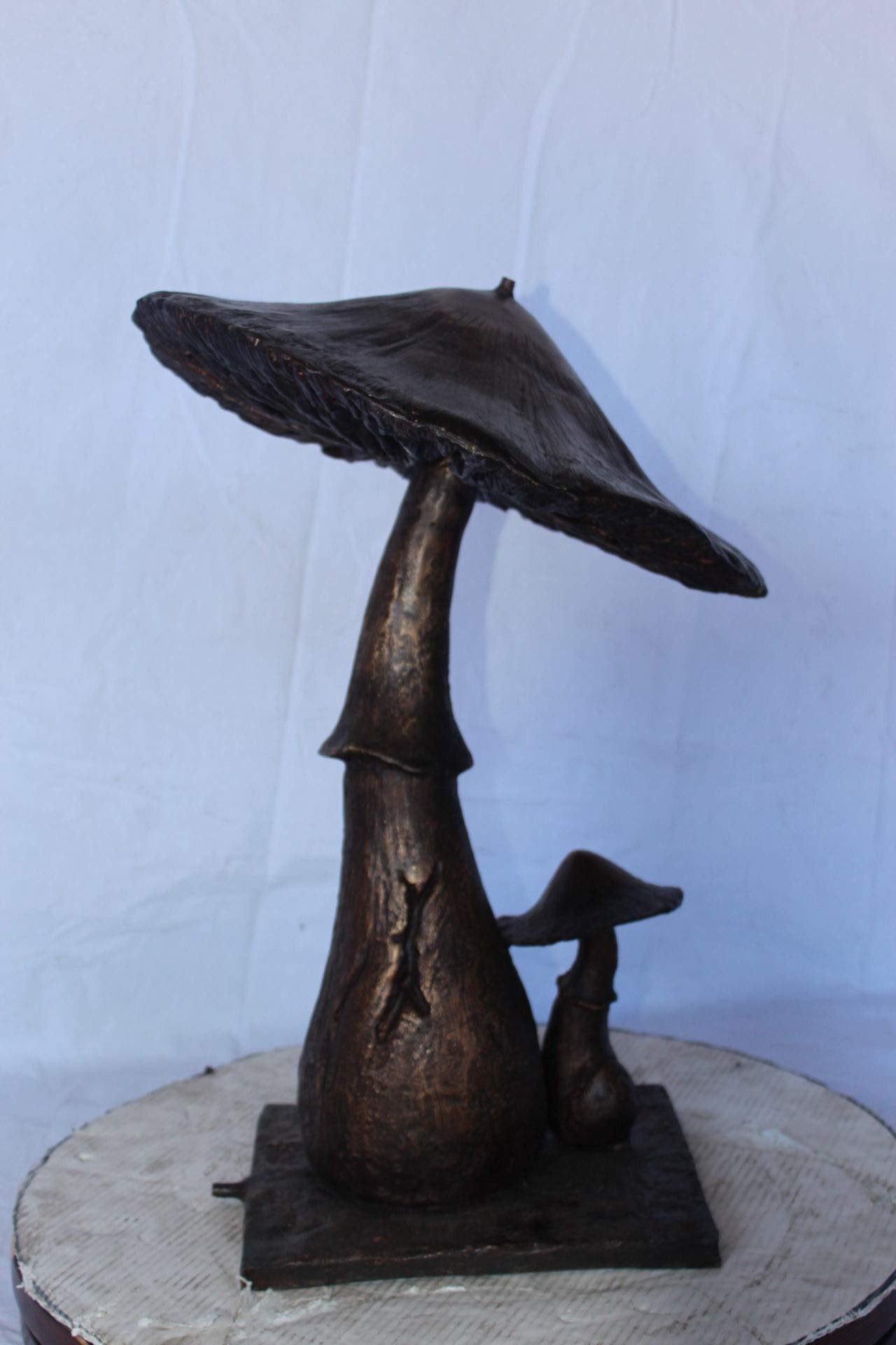 Leaning mushroom bronze statue fountain -  Size: 18"L x 17"W x 24"H.
