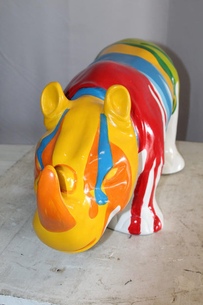 Fiberglass Rhino Statue Dynamic Presence with Paint Droplets 30" x 12" x 12"H