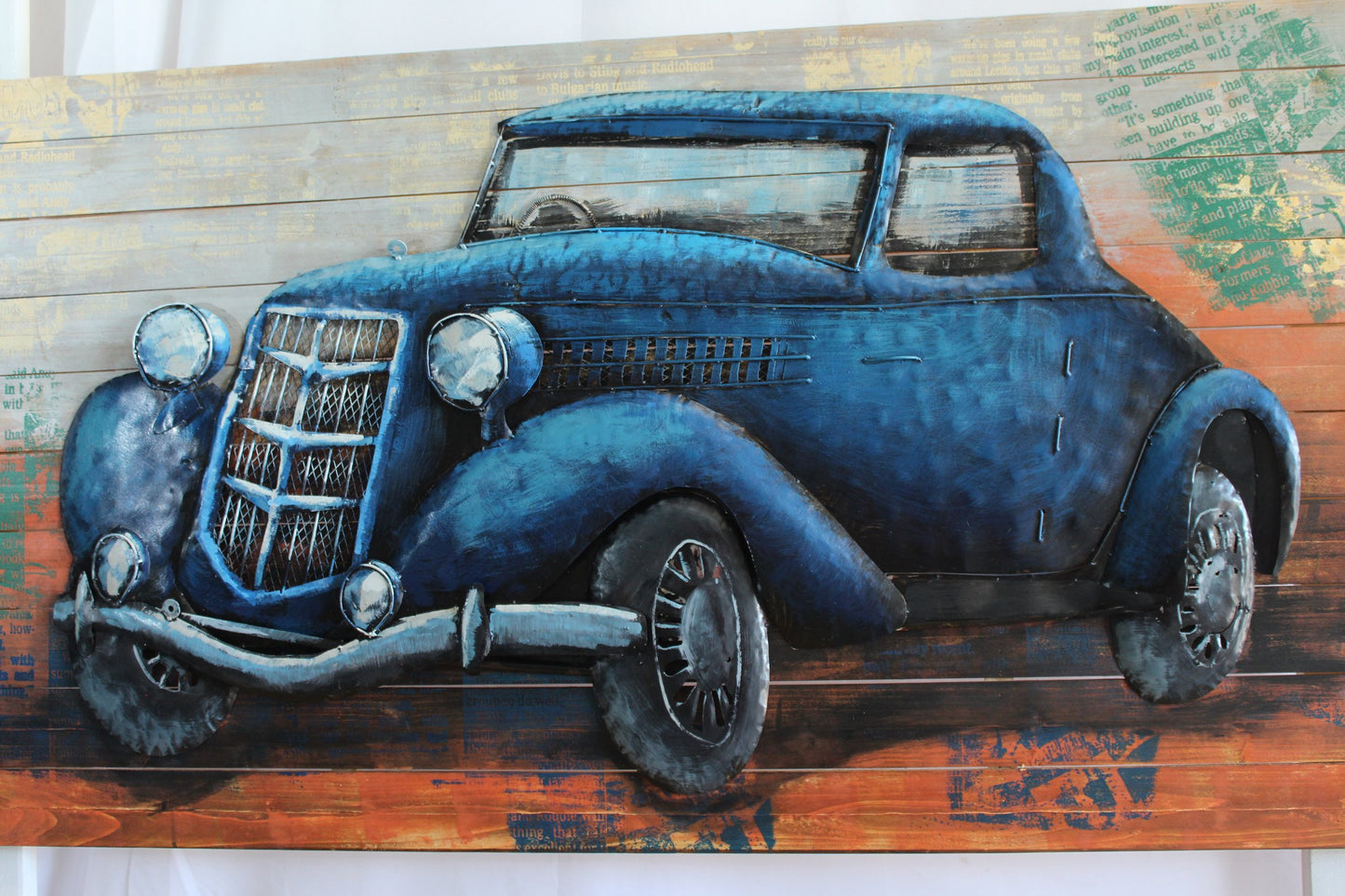 NIFAO 1930s Ford Coupe Inspired Blue Car 3D Metal Wall Art on Wood 79" x 2" x 40"H